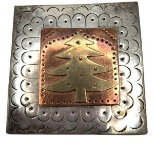 Pounded Metal Christmas Tree Brooch Pin Square Design Silver Copper Brass